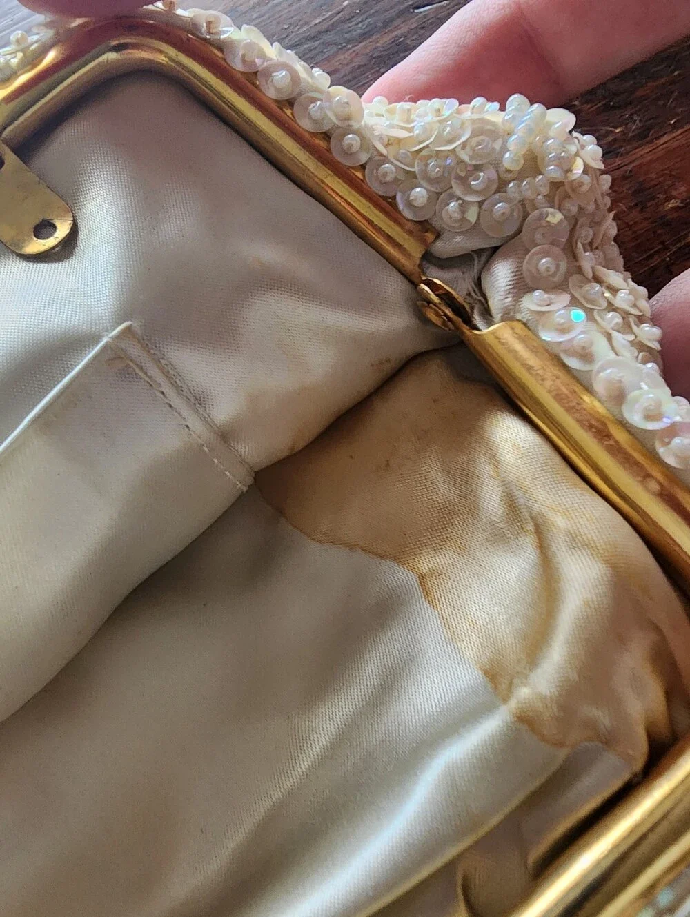 Vintage Evening Clutch Purse White Hand Beaded Hong Kong Wedding Prom DAMAGED